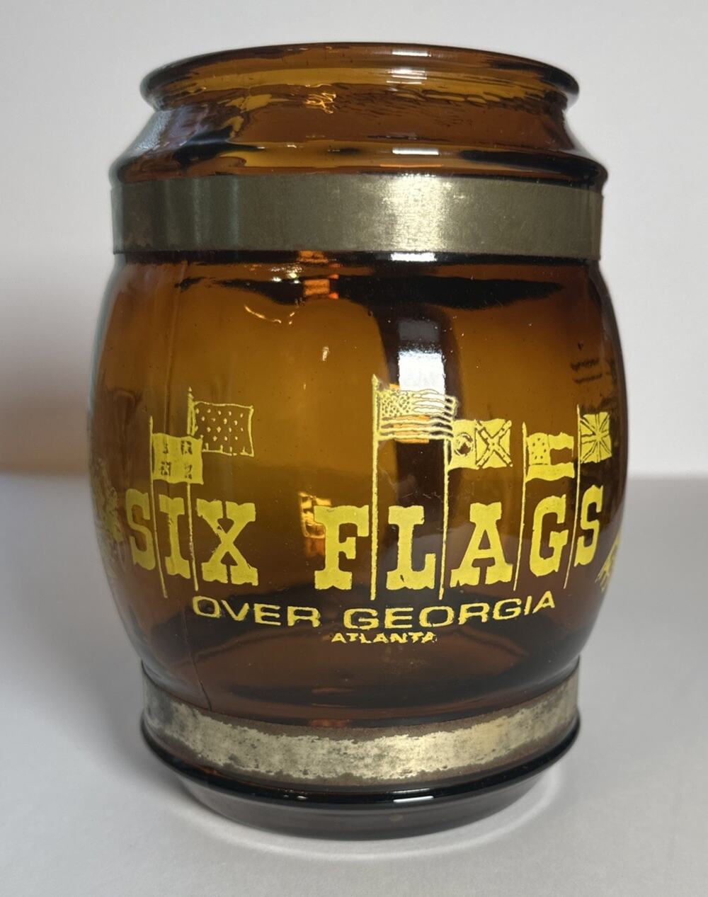 Vintage Six Flags Over Georgia Atlanta Amber Glass, Wood And Metal Collector Cup